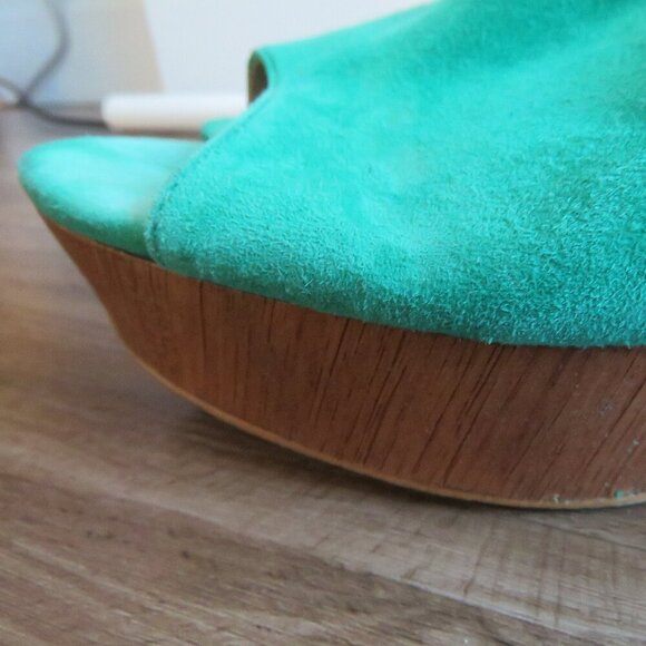 ANTHROPOLOGIE Bow Back Wooden Wedge Peeptoe Sandals in Kelly Green - Size US 10 - Picture 6 of 16